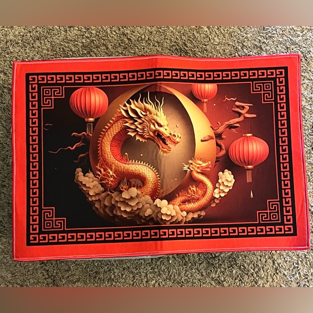 🆕 Red, gold, and black dragon floor rug. No skid backing. NIB.